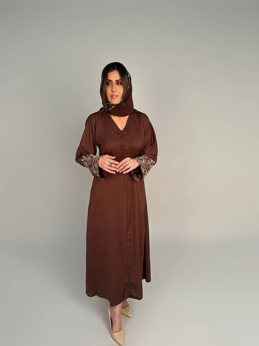 Dark Brown Embroidered 2 Piece Abaya Set