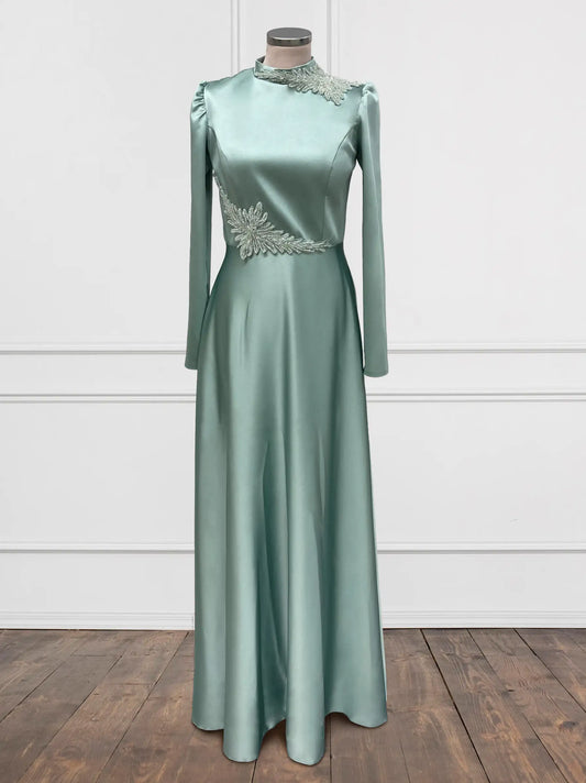 Embellished Waist And Shoulder Satin Mint Green Evening Dress